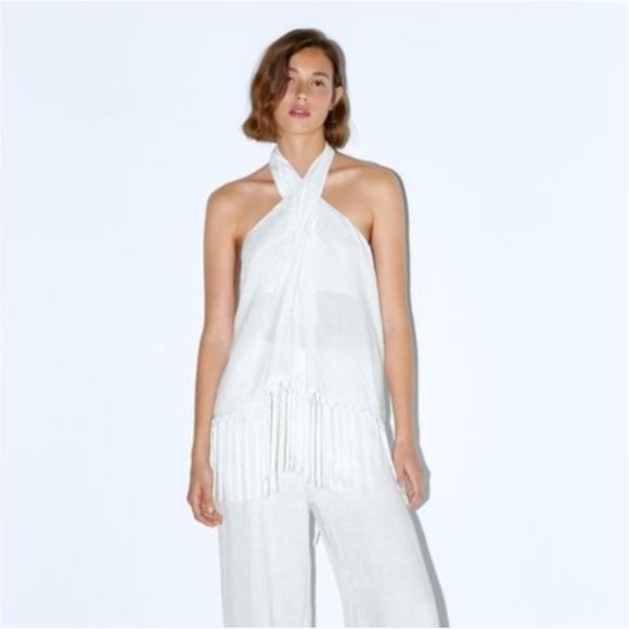 ZARA White Linen Fringe Halter Top - Picture 3 of 6